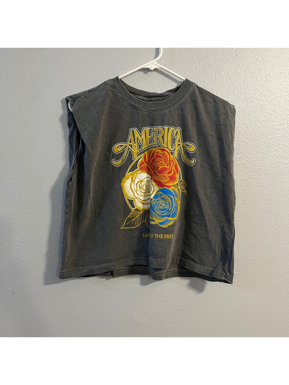 American Apparel America Land of the Free Roses Muscle Tee Halter Gray Patriotic